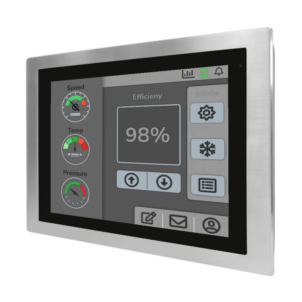 Edelstahl-Industrie-Touchpanel mit Touchscreen und dunklen Bedienelementen