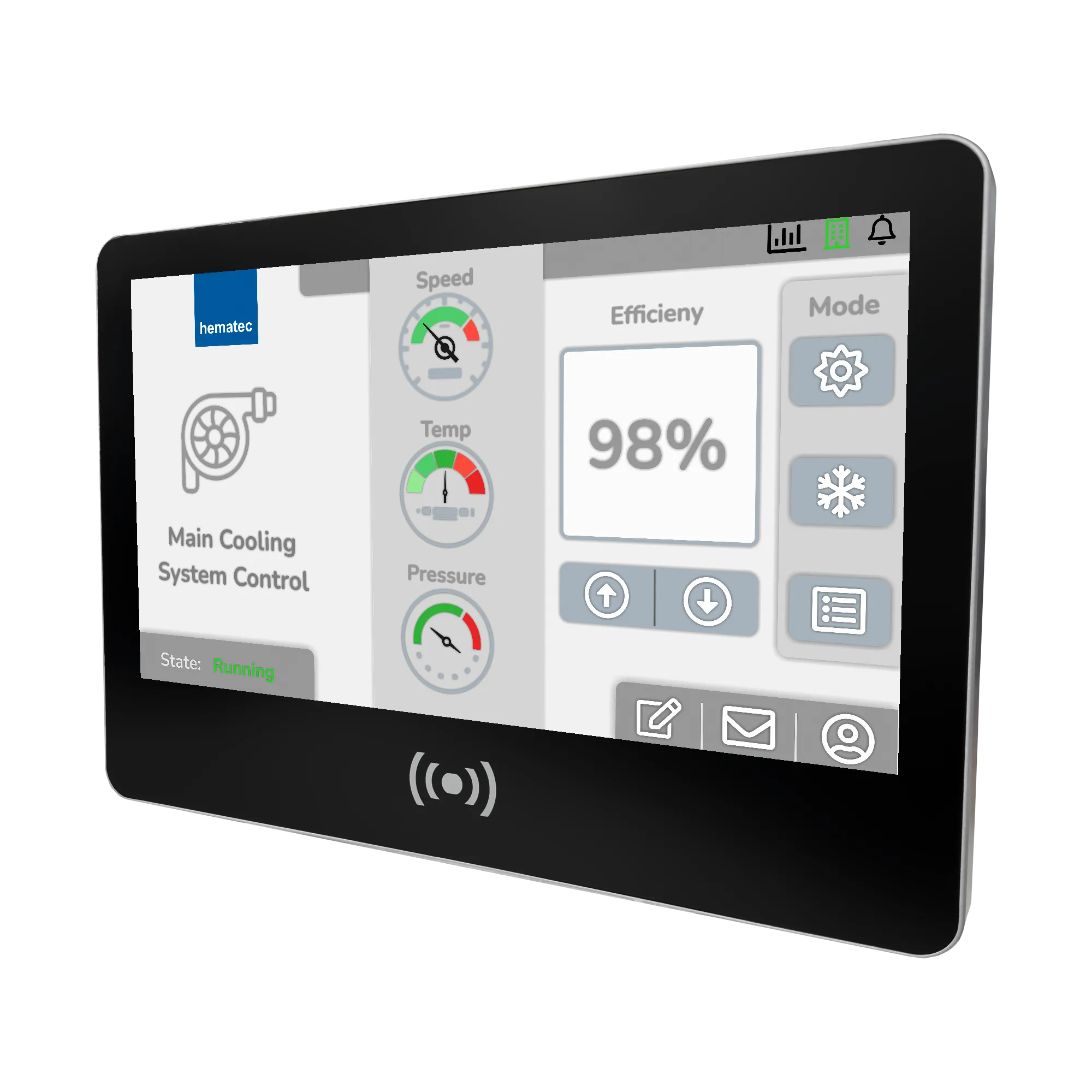 Industrie-Touchpanel mit Anzeige für Kühlung und Effizienz